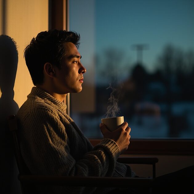Persona sentada sola frente a una ventana, mirada perdida, luz gris de atardecer, taza de café a medio tomar, espacio vacío en la habitación que habla de no sentir