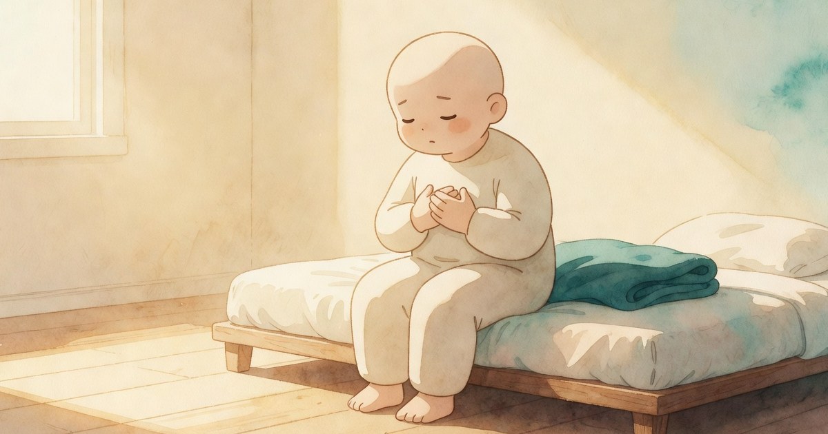 Persona sentada en el borde de la cama con las manos sobre el pecho, ojos cerrados, practicando respiración lenta, luz cálida de la ventana entrando