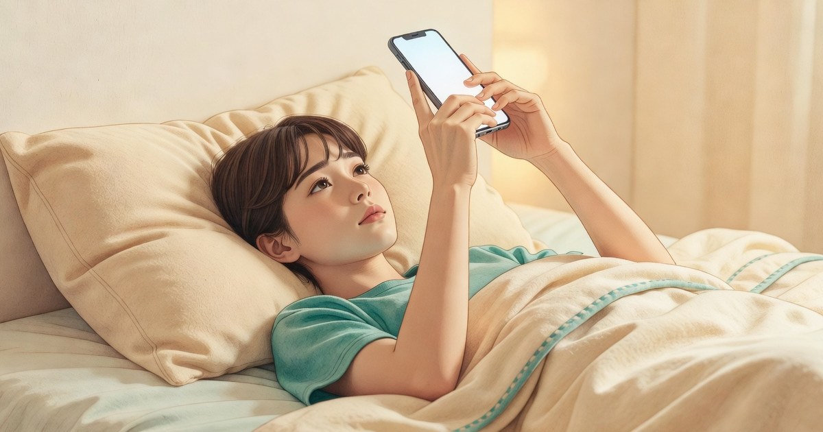 Figura acostada en la cama mirando el teléfono sostenido arriba, la pantalla iluminando medio rostro mientras el otro medio queda en la oscuridad