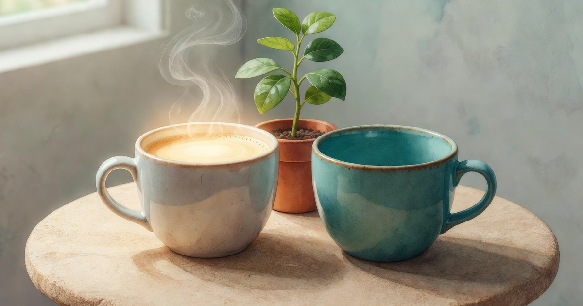Dos tazas de café sobre una mesa pequeña, una llena y humeante, la otra vacía y seca, con una planta pequeña entre ambas