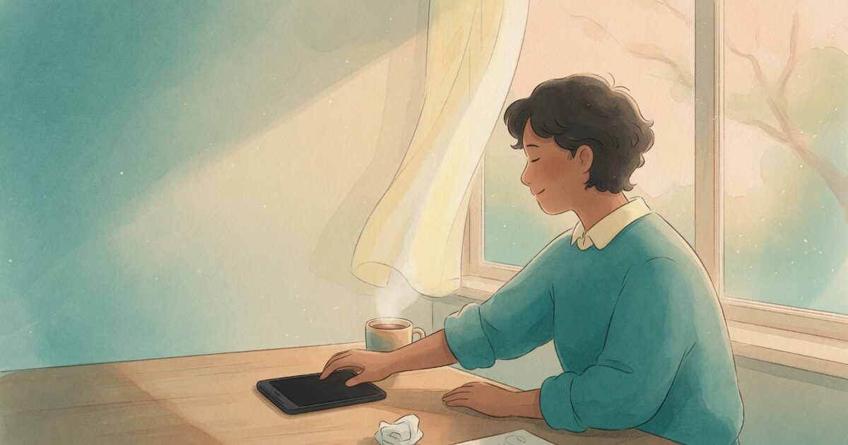 Mesa con dos sillas separadas, una vacía con la luz entrando por la ventana, un celular con la pantalla apagada en el centro y una silueta sentada mirando la silla vacía