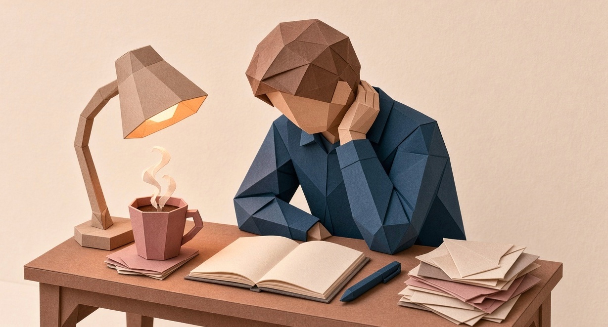 A person at a desk at night, lamp the only light on, hand on their forehead, the in-basket beside them overflowing.