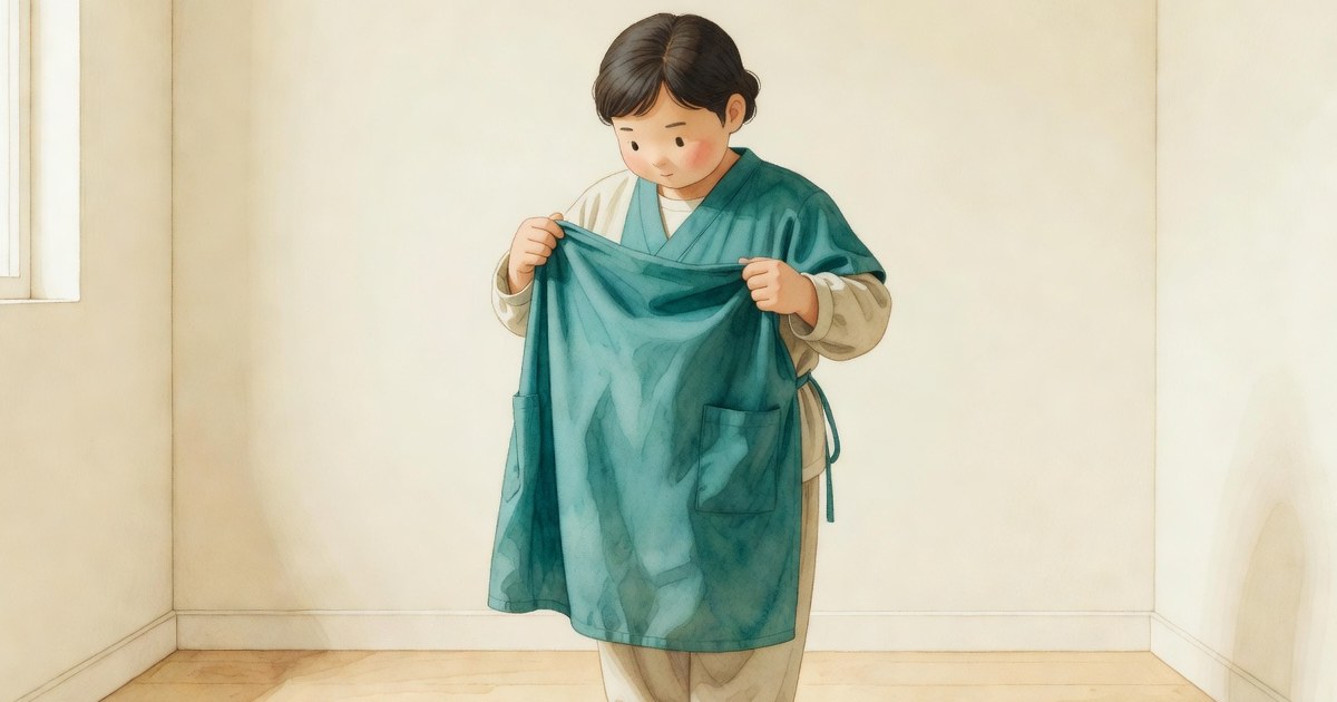 Persona quitándose el uniforme o delantal que cuelga suelto en sus manos, en una habitación pequeña con luz doméstica