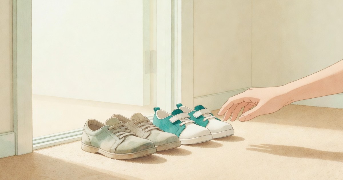 Dos pares de zapatos junto a la puerta: un par de adulto y un par de niño más nuevo y alineado, con una mano alcanzándolo pero contenida
