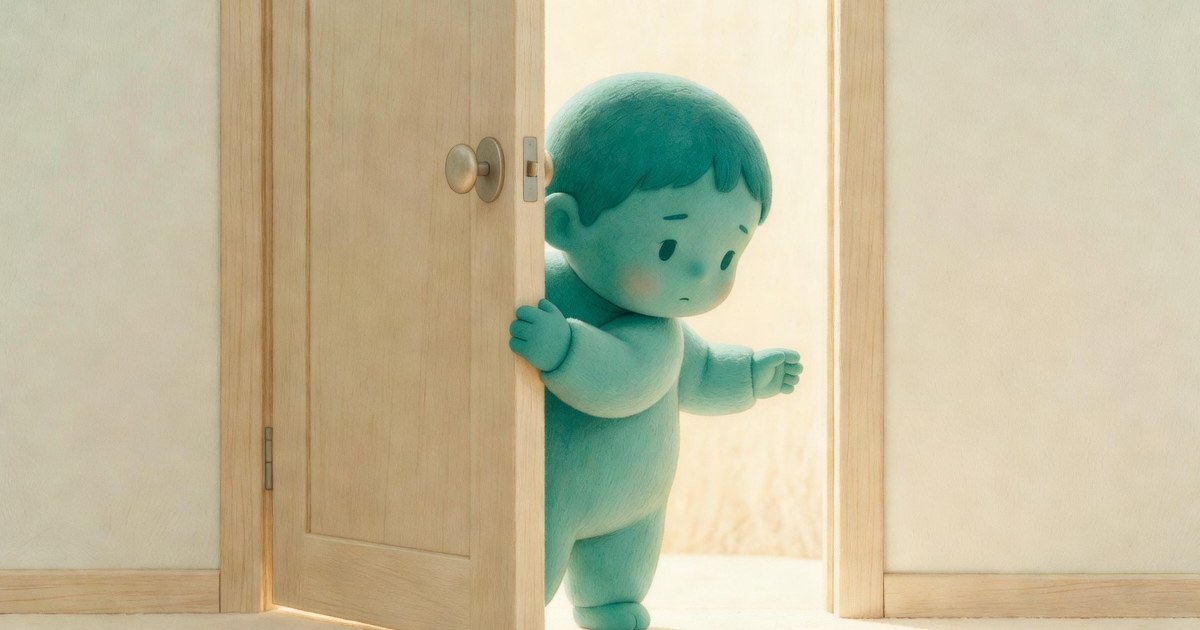A person standing in front of a half-open door with light inside; one hand is on the handle but not opening, soft shadows around.