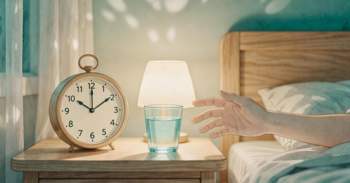 Reloj marcando las 3 de la madrugada en la mesa de noche, una mano alcanzándolo o tomando un vaso de agua, luz tenue de luna a través de la cortina