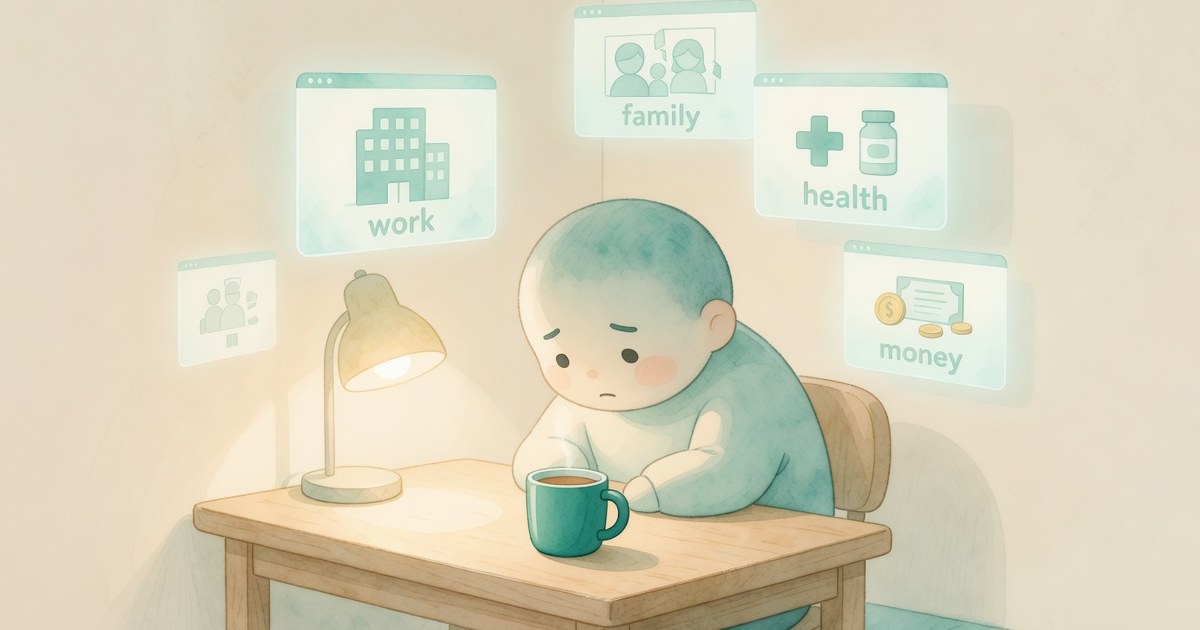 Persona en una habitación con varias pantallas mentales que muestran preocupaciones: trabajo, familia, salud, dinero