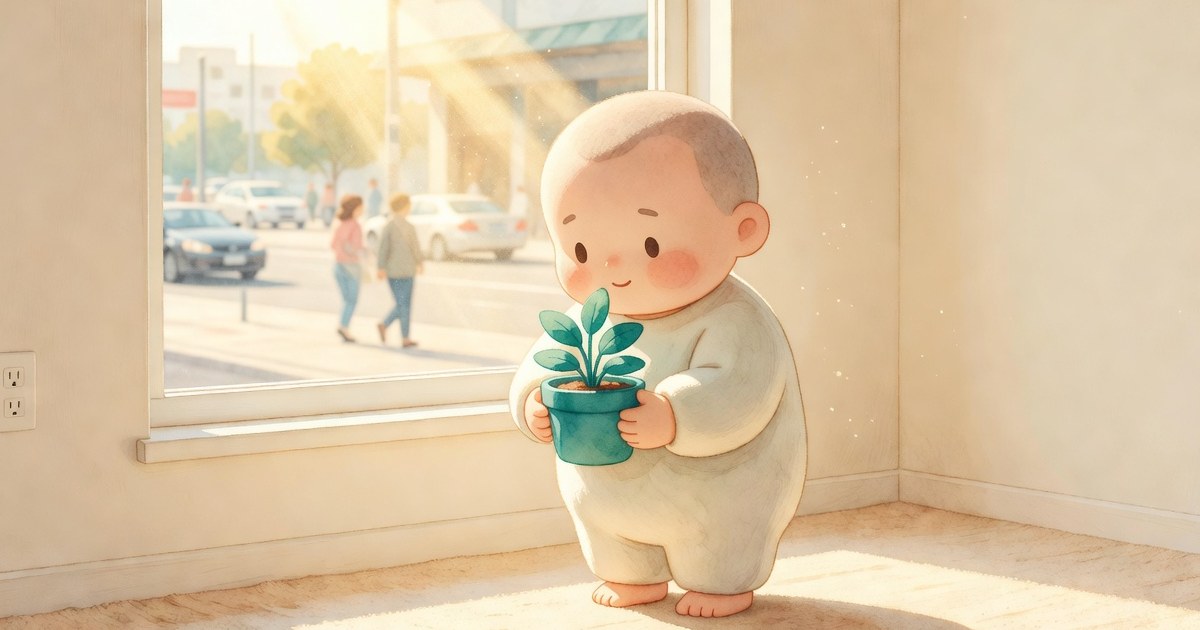Persona junto a una ventana sosteniendo una planta pequeña viva, mirandola con ternura, el sol entrando con fuerza y el mundo moviéndose afuera