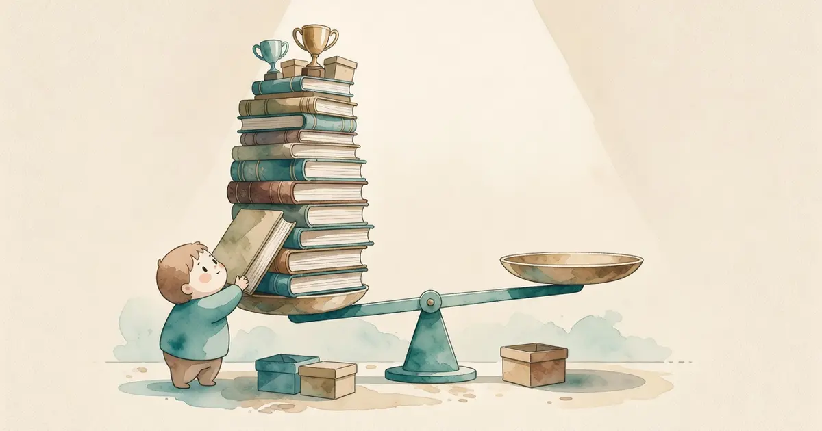 Balanza simple con un lado muy cargado de libros y cajas apiladas en alto, mientras el otro lado está vacío. Una persona pequeña intenta agregar un libro más al lado cargado, mirando hacia arriba con esfuerzo.