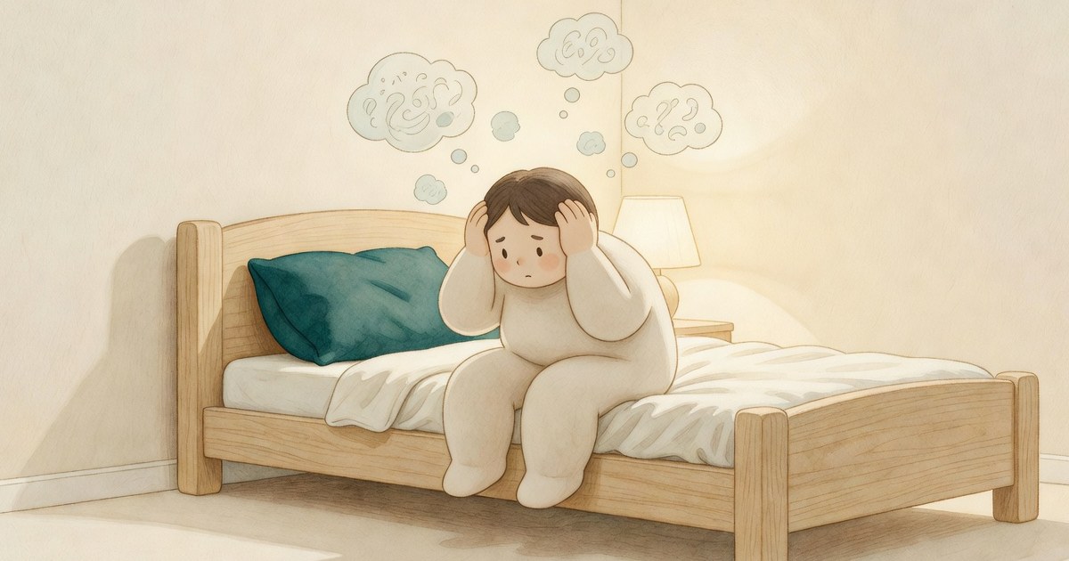 Persona acostada en la cama de noche con ojos abiertos rodeada de pequeñas burbujas de pensamiento dibujadas como nubes que se repiten