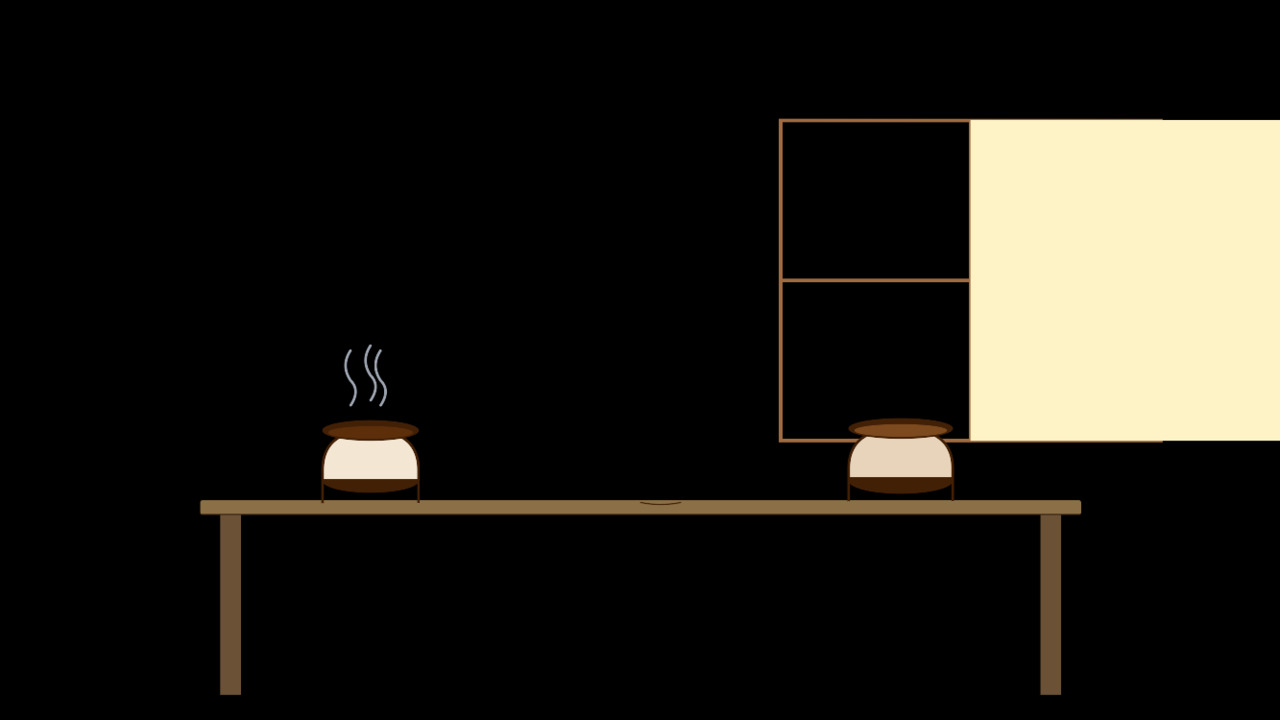 Dos tazas de café sobre una mesa: una caliente humeando, la otra vacía a medio tomar. Apagado. Sinドラマ. Una relación que ya no termina de empezar.