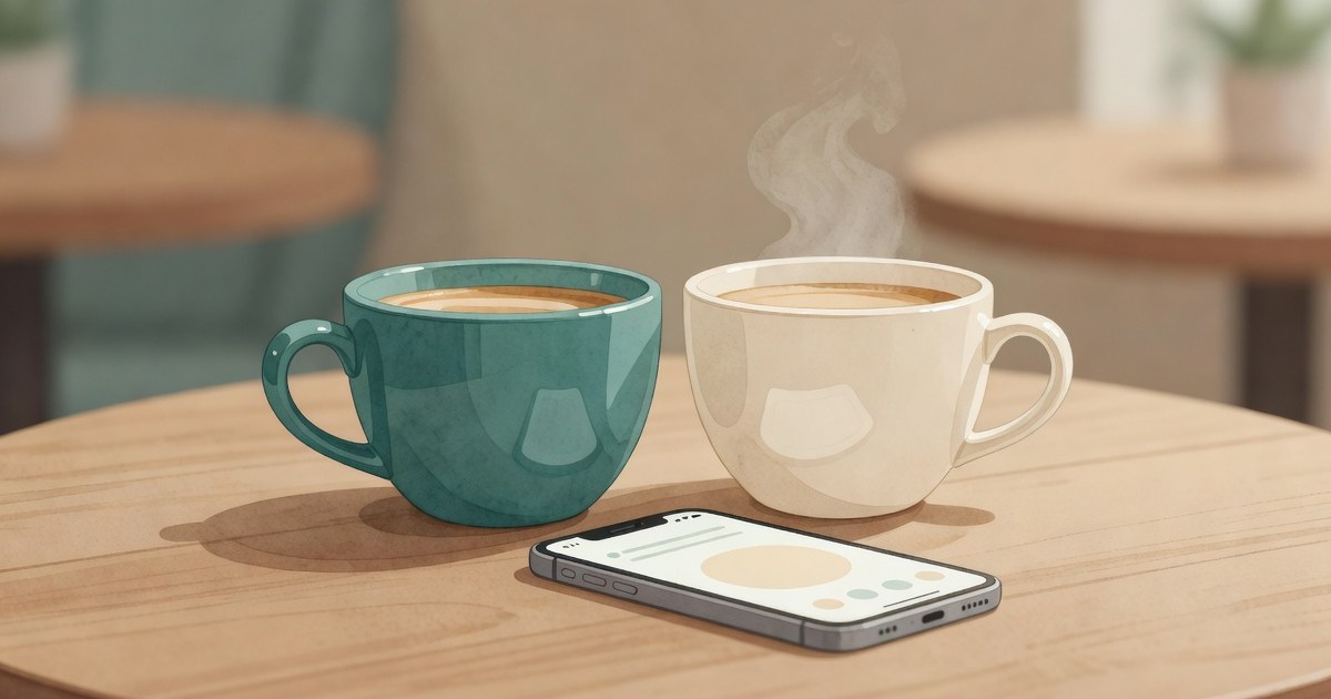 A cup of coffee next to a phone on a table, a quiet kitchen at dawn, two people implied but not seen.