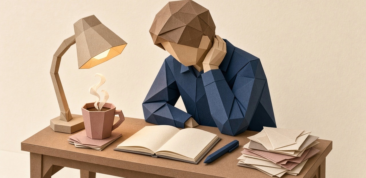 An open notebook on a kitchen table with two pens and a chipped mug, a window behind letting in late afternoon light.