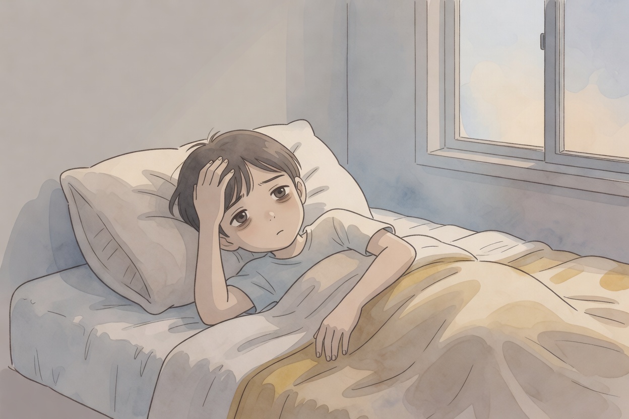 Persona acostada en una cama oscura con los ojos abiertos mirando el techo, una mano sobre la manta, atmosfera de insomnia