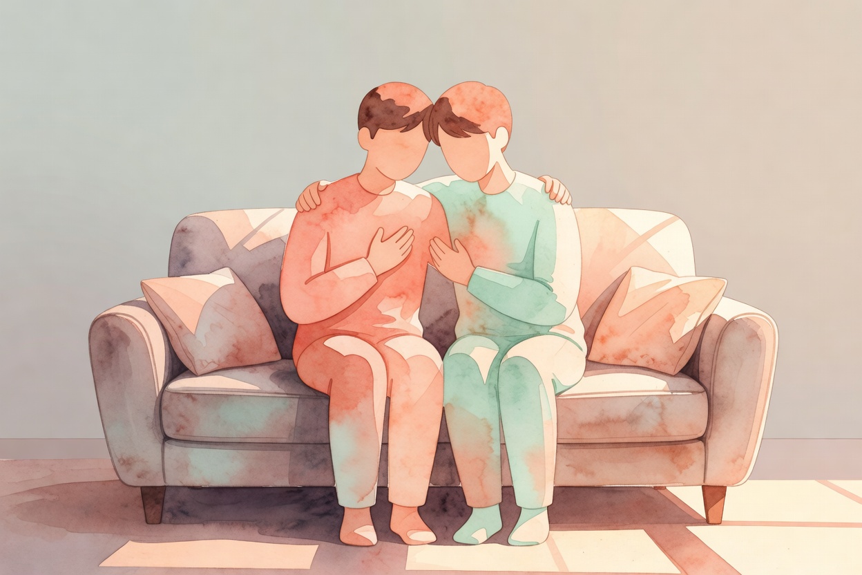 Dos siluetas abrazadas con un fondo calido en tonos pastel, una mano en el hombro y otra mano entrelazada, atmosfera de intimidad