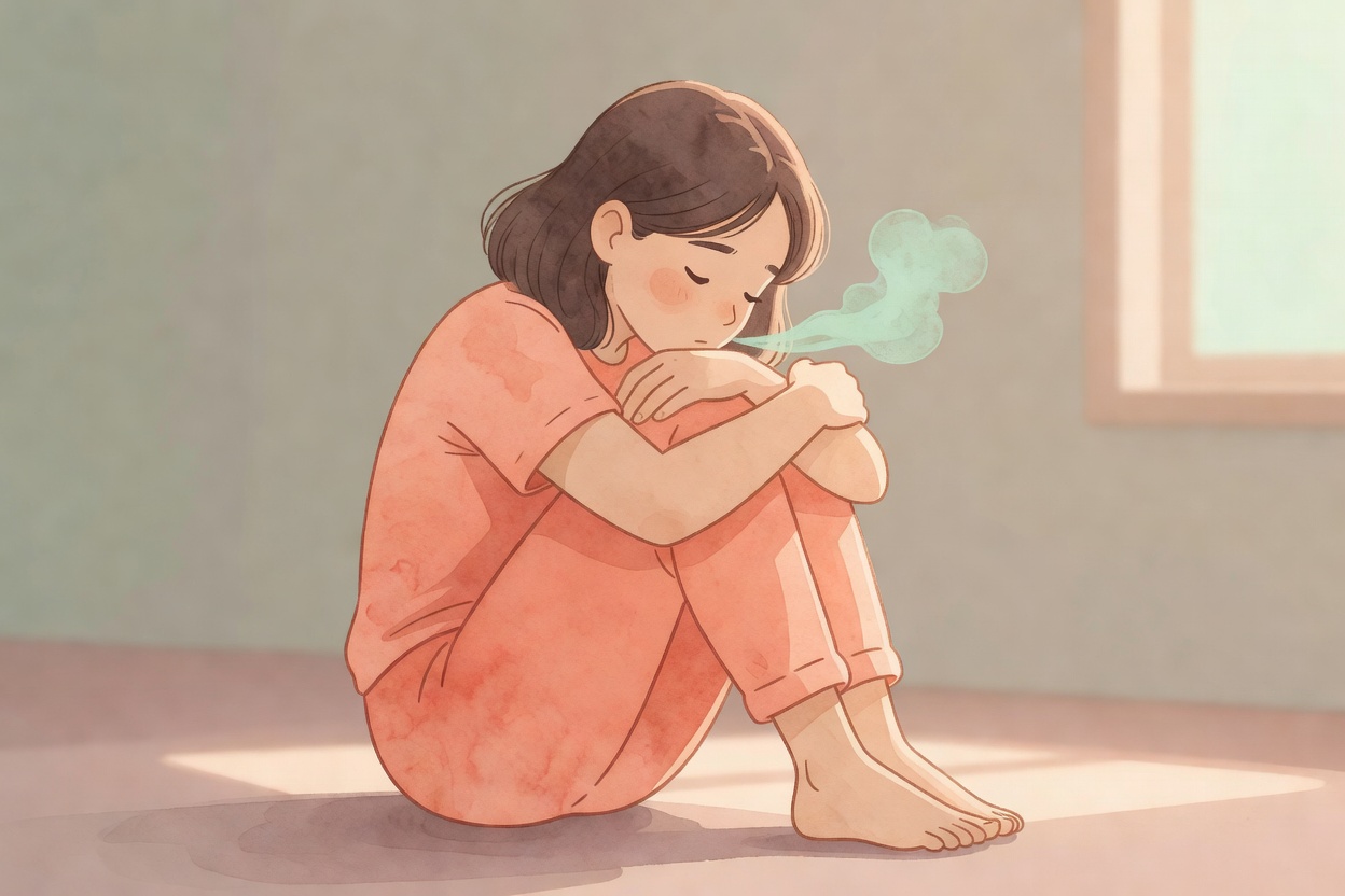 Persona sentada en el piso con las rodillas al pecho y las manos en el pecho, en un espacio calmo con luz suave