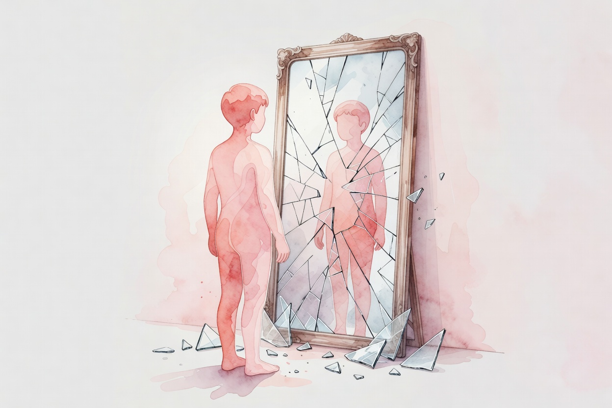 Composicion en acuarela sobria: una silueta reconstruyendose frente a un espejo, vidrios rotos simbolizando el yo fragmentandose y rearmandose, paleta coral muted, rosa palido, durazno.