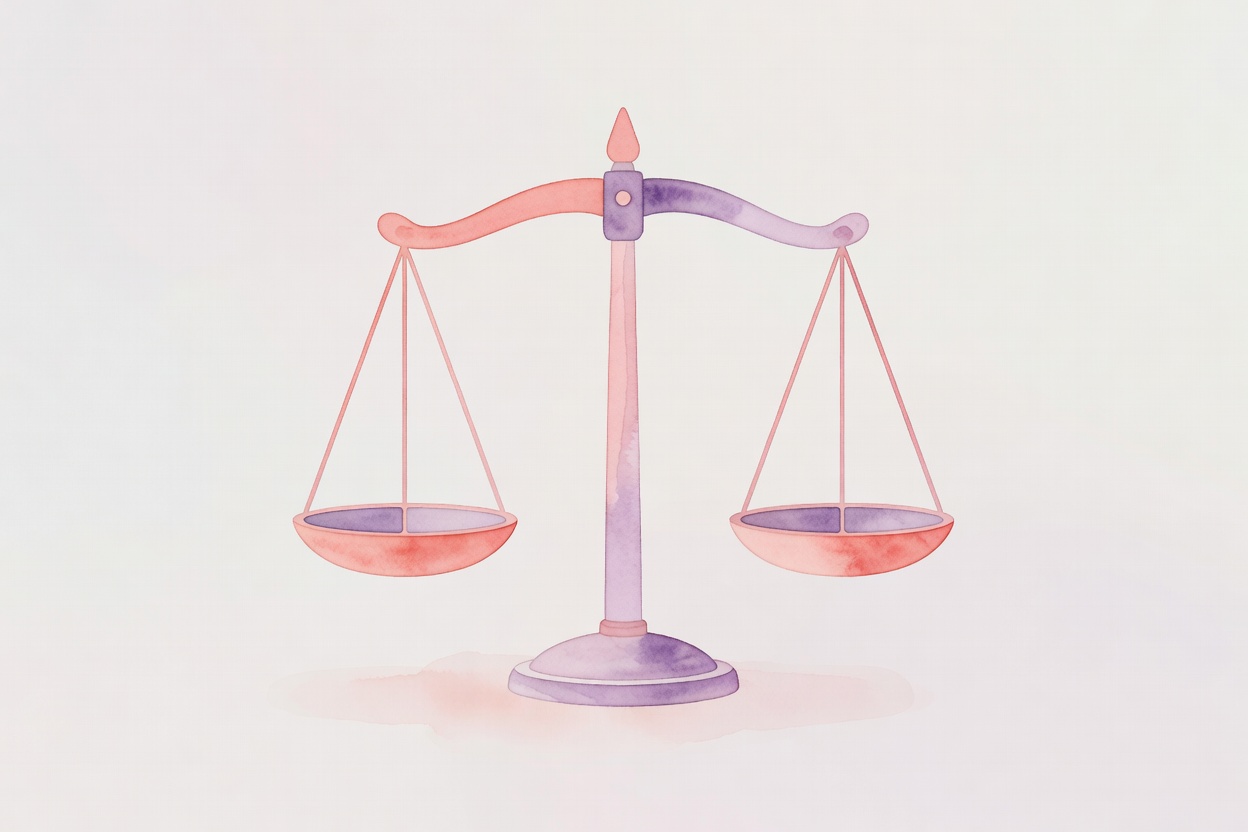 Composicion en acuarela sobria: dos balanzas en equilibrio, una representa el valor que el otro refleja, atmosfera de codependencia emocional, paleta salmon suave, malva, rosa palido.