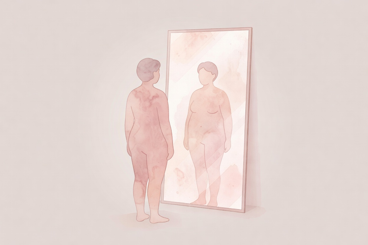 Composicion en acuarela sobria: silueta frente a un espejo con reflejo mas amable que el original simbolizando vision compasiva del cuerpo, paleta salmon suave, malva, rosa palido.