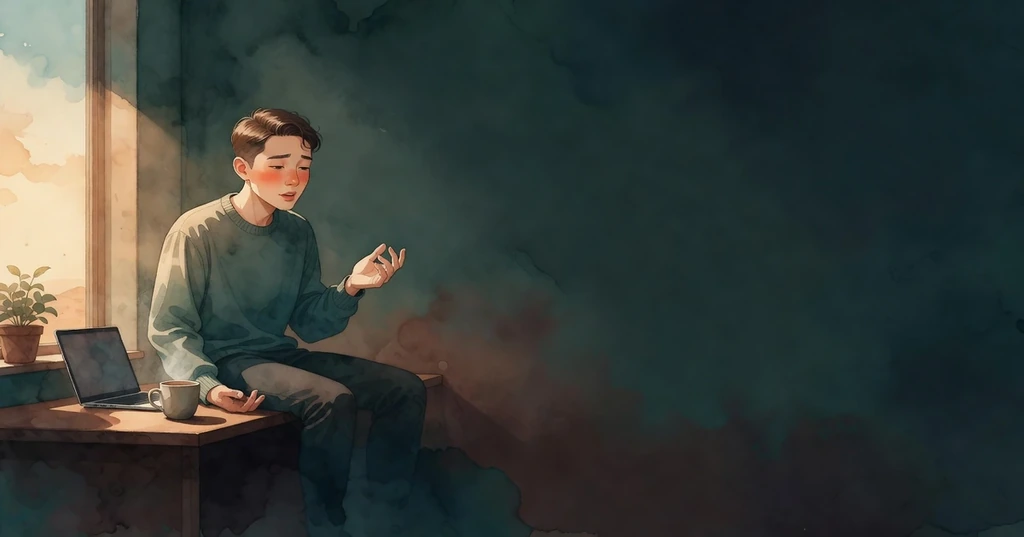 Ilustración acuarela de una persona sentada al borde de su escritorio de oficina al final del día, con luz dorada del atardecer entrando por la ventana lateral. La mano derecha abre los dedos suavemente en gesto de soltar. Taza de café a medio terminar y planta pequeña en el alféizar. Paleta teal oscuro apagado y crema, sin outlines.