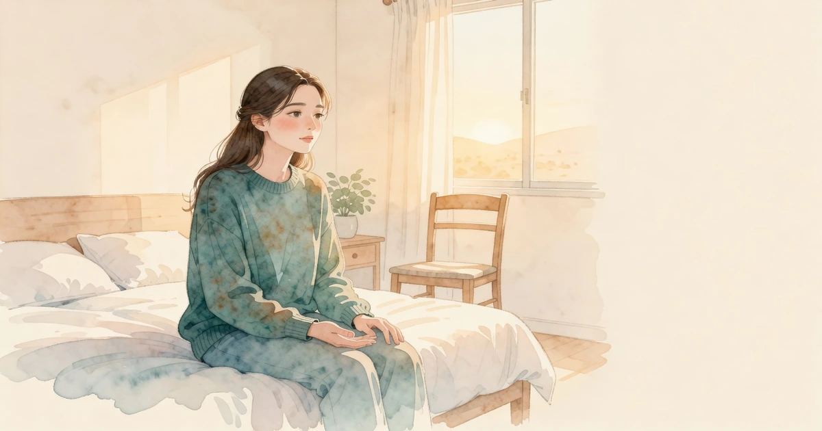 Ilustración estilo acuarela con paleta warm low-saturation: una mujer joven sentada al borde de la cama, con suéter teal de marca MomentoVital (#307070, petrolado), mira con serenidad hacia una silla vacía iluminada por la última luz dorada del atardecer entrando por la ventana. Detalle narrativo: la silla vacía representa el otro que sostiene tu valor; la planta verde, la vida que continúa; las sábanas suaves, el momento de pausa. MomentoVital editorial cálido, oasis en el desierto emocional.
