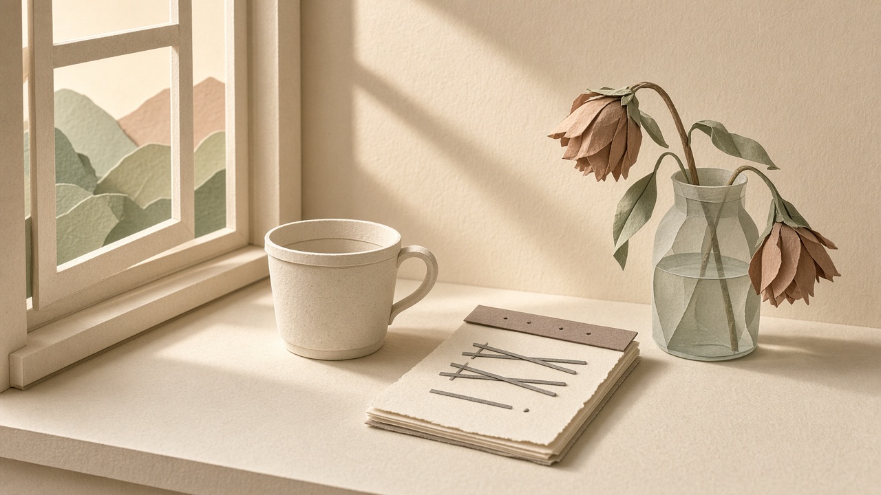 Una mesa con tres tazas vacías, cada una con un residuo distinto — una sola de ellas es cansancio emocional