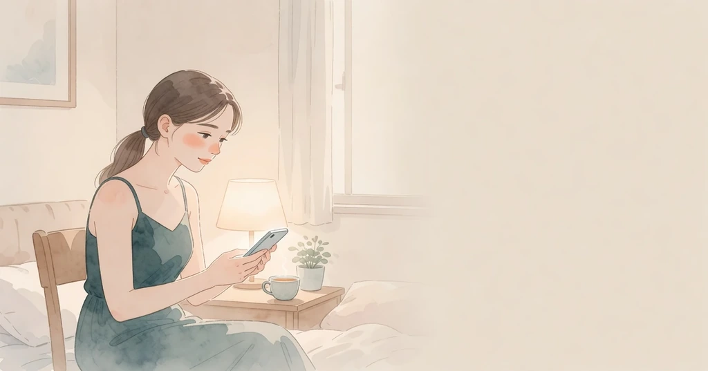 Ilustración acuarela de una persona sentada en el borde de una silla sosteniendo un celular mirando la pantalla, con lámpara de mesa encendida, taza de té humeante y luz cálida íntima alrededor de sus manos. La persona está en proceso de reconocer el mecanismo, no en crisis.