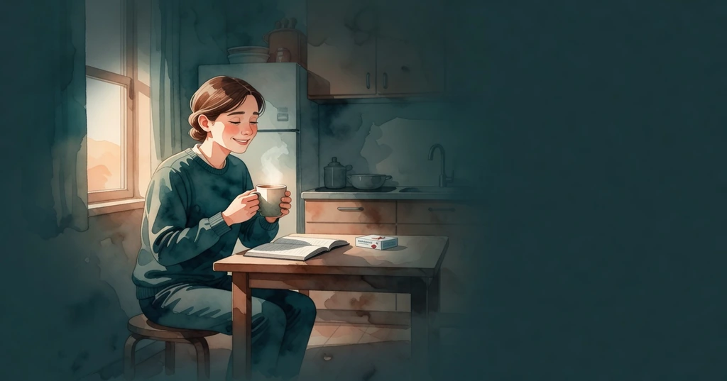 Ilustración acuarela de una persona en bata de trabajo tomando un vaso de leche tibia en una cocina pequeña con luz cálida del amanecer entrando por la ventana. La cocina está ordenada, hay una taza al lado de una caja de pastillas para dormir y un cuaderno abierto. Paleta teal oscuro apagado y crema, sin outlines.