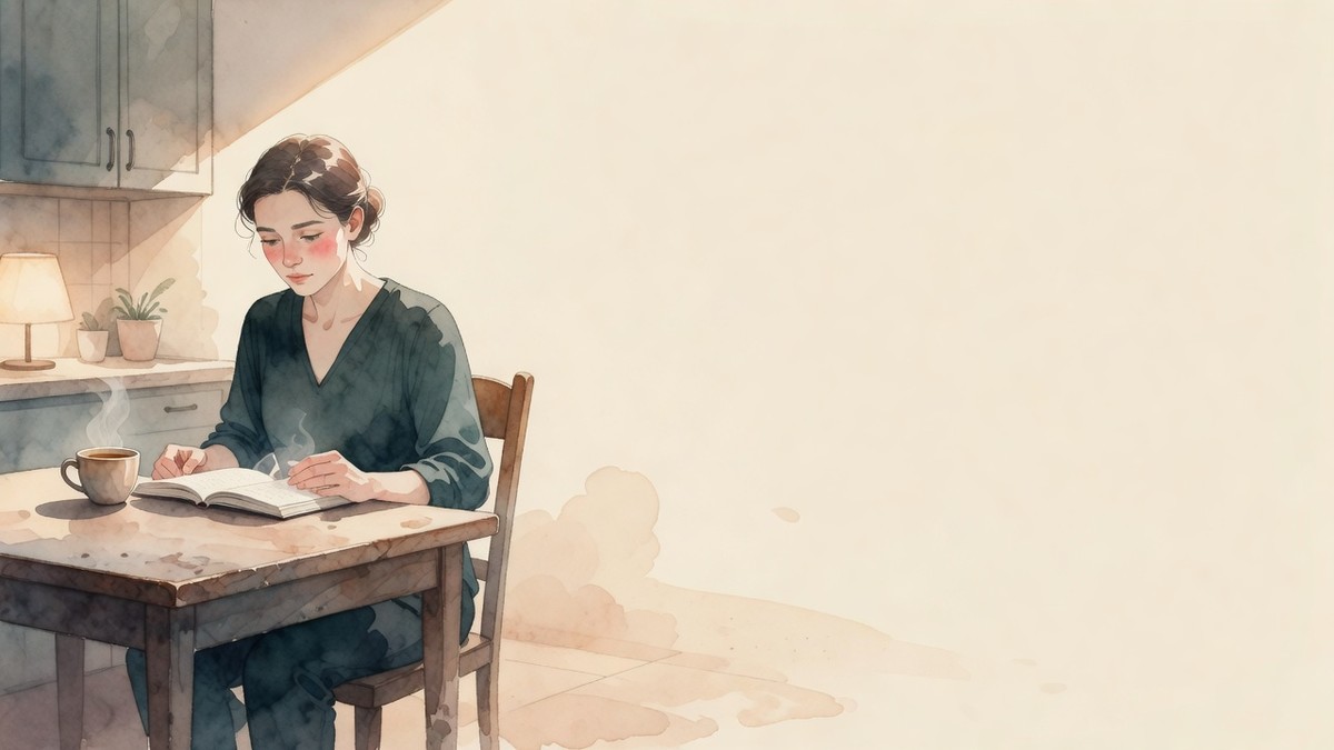 A person at a kitchen table with a closed laptop, looking at their own hands as if they had just failed something small