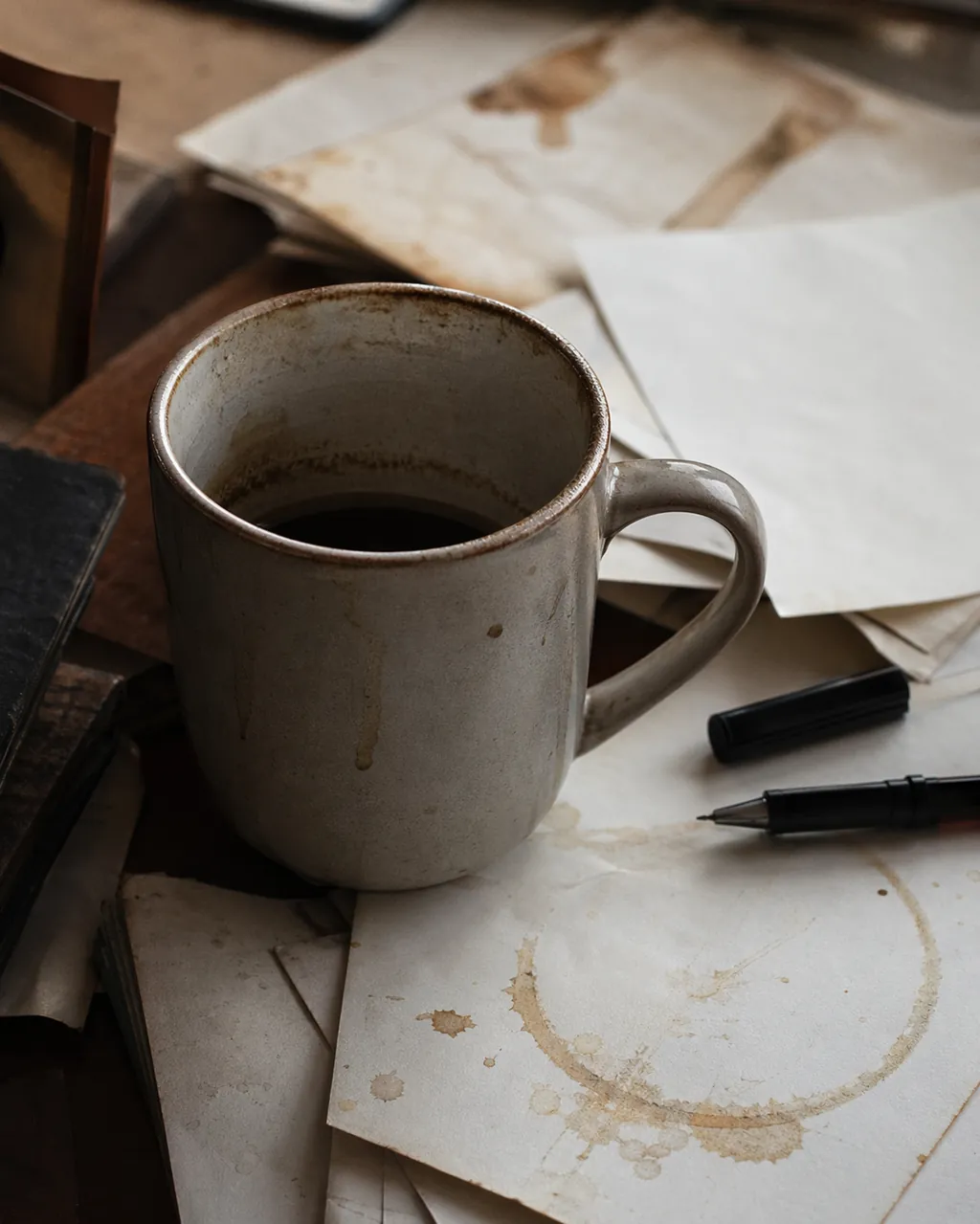 Café frío olvidado sobre el escritorio