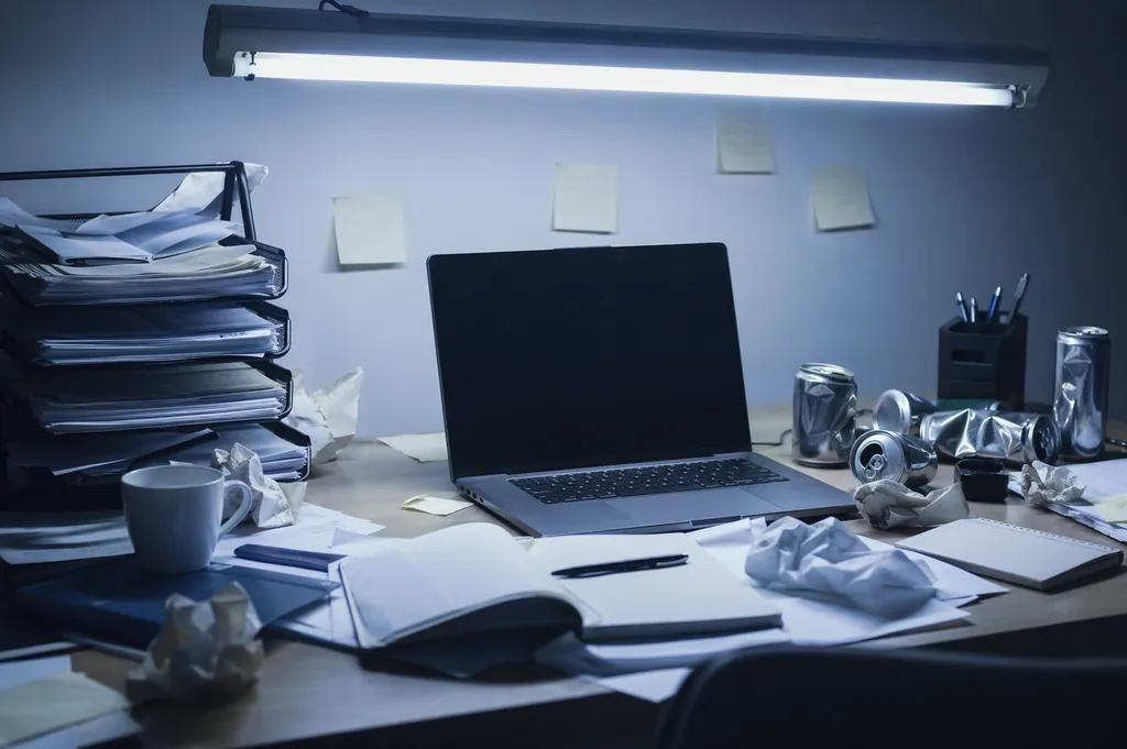 Escritorio bajo luz fría, una jornada que no termina
