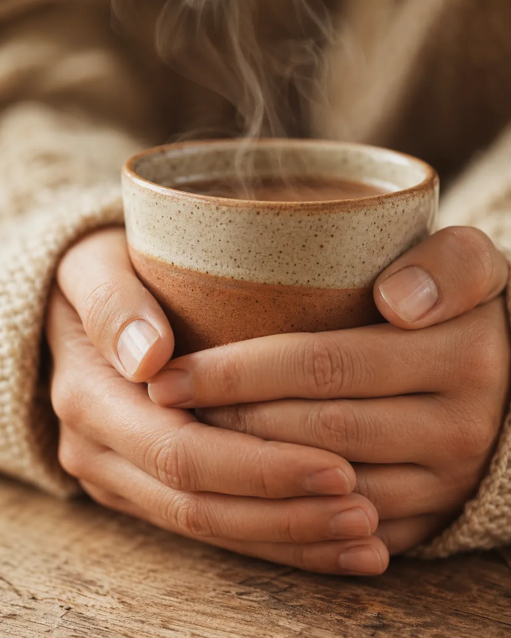 Manos alrededor de una taza caliente, una pausa real