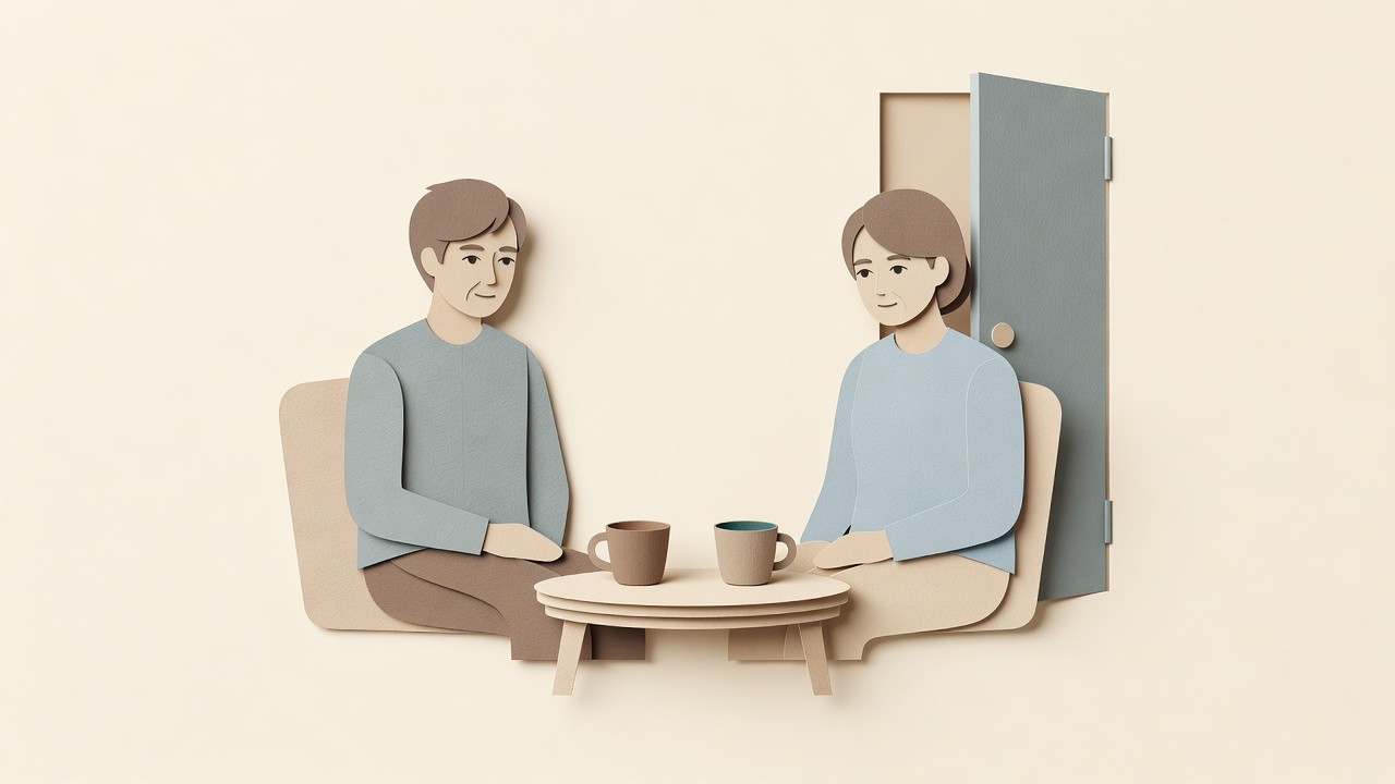 Two mugs on a kitchen counter at dawn, one cracked and half-full, the other whole and untouched. Through a window, an empty street and the colour of early morning
