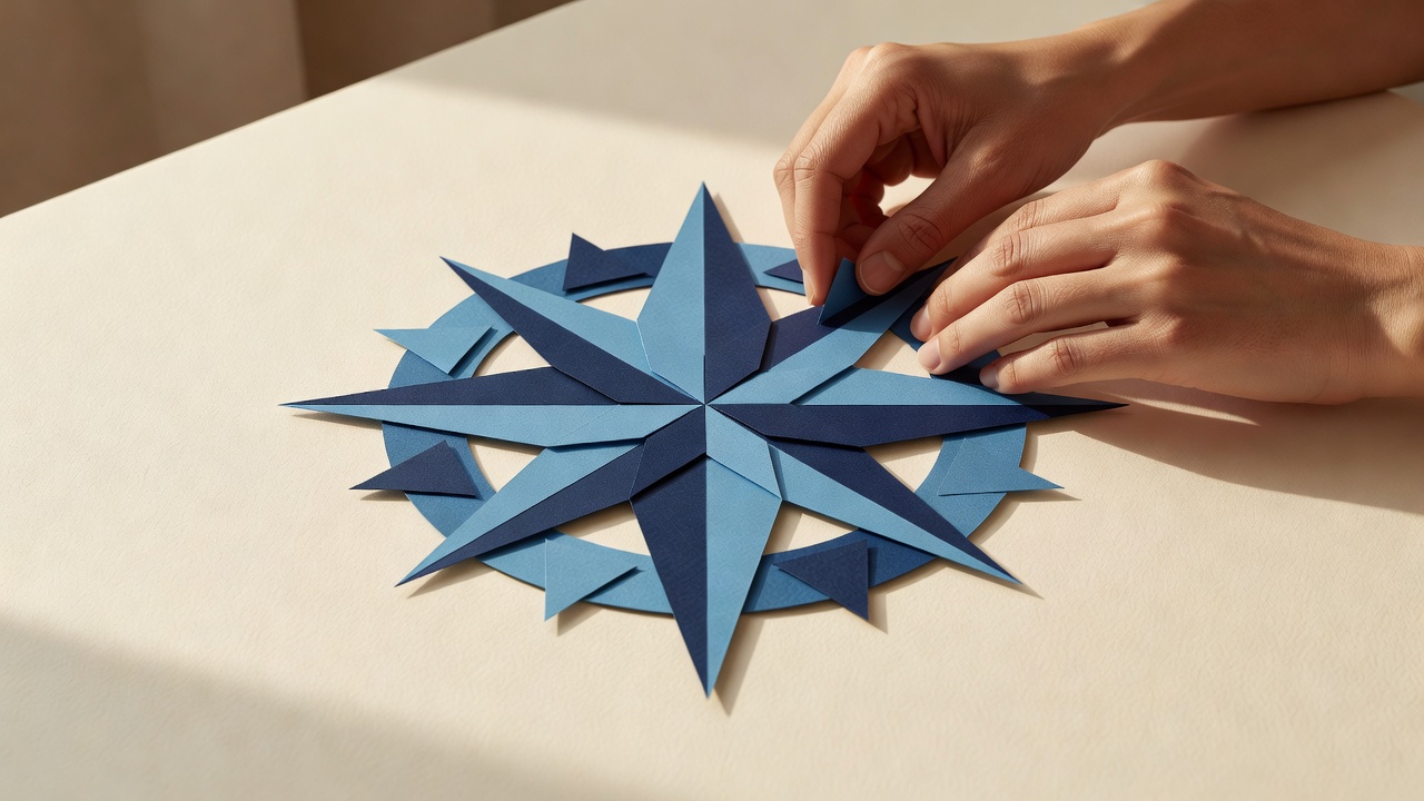 Paper-craft illustration of hands folding a blue paper compass star.