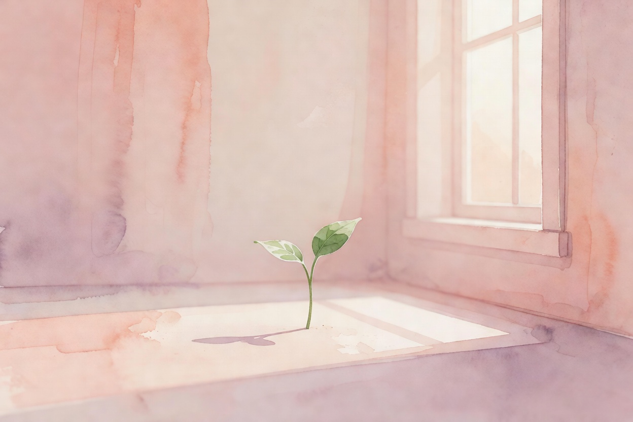 Composicion en acuarela sobria: una planta pequena que crece hacia una ventana con luz, atmosfera de cultivation gradual, paleta salmon suave, malva, rosa palido.