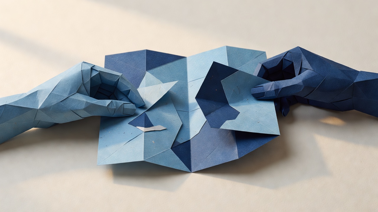 Paper-craft illustration of two hands carefully unfolding a sheet of blue paper together.