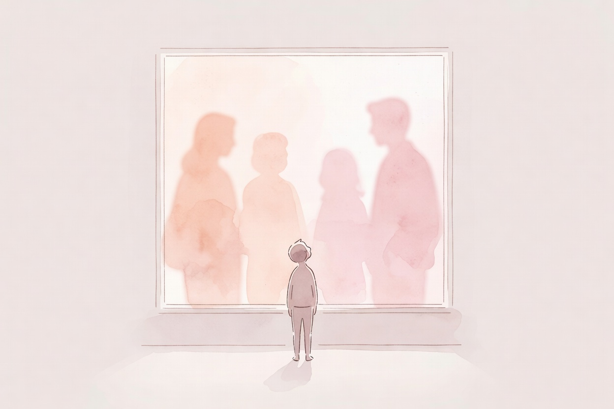 Composicion en acuarela sobria: silueta pequena comparandose con figuras grandes borrosas en una ventana, atmosfera de comparacion toxica, paleta salmon suave, malva, rosa palido.