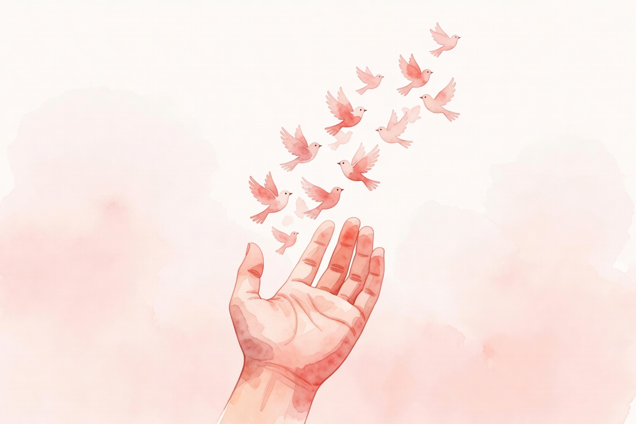 Composicion en acuarela sobria: una mano dejando salir pajaros pequenos simbolizando la liberacion emocional, atmosfera de soltar, paleta coral muted, rosa palido, durazno.