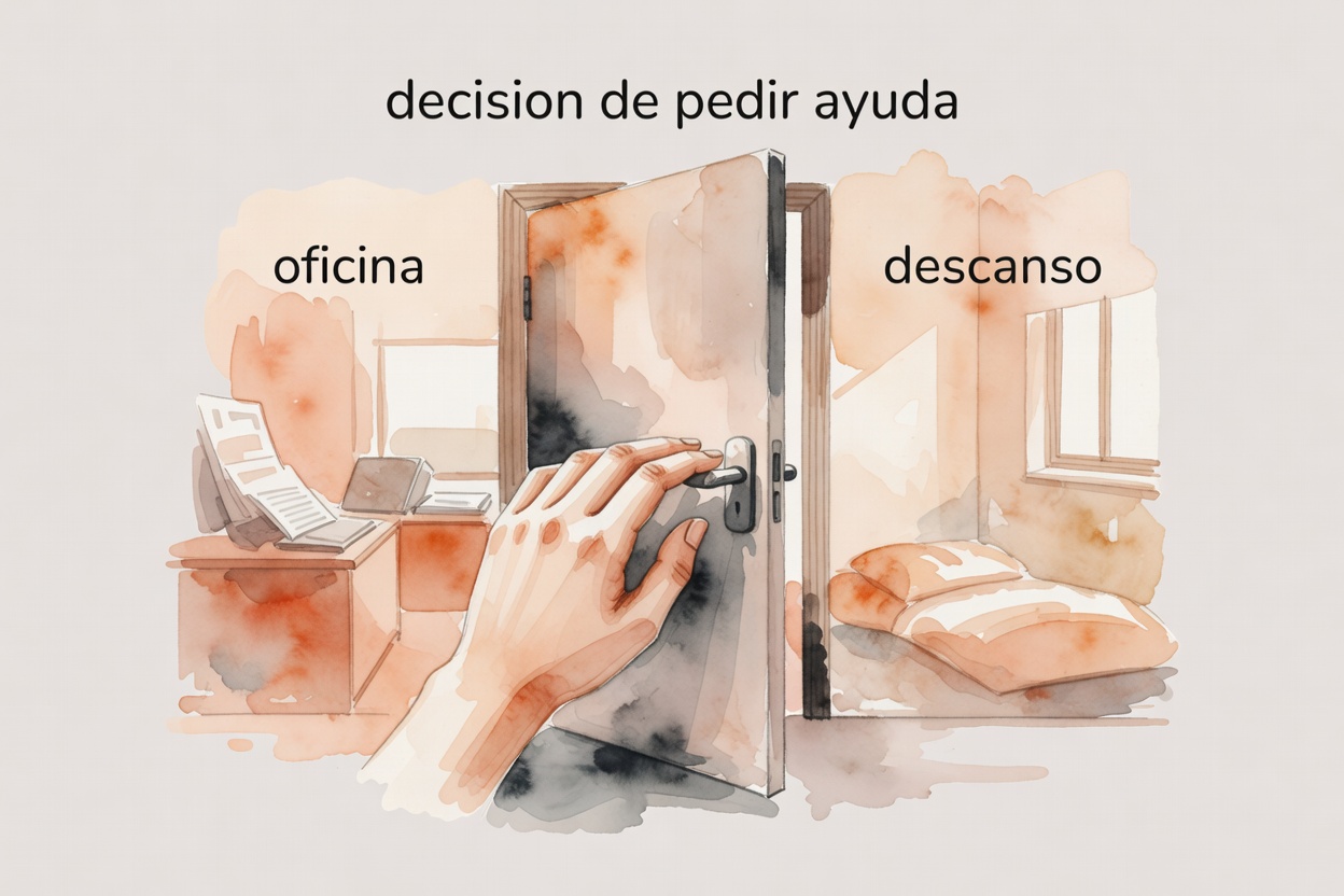A hand reaches toward a door handle between work and rest, conveying the decision to seek burnout support.