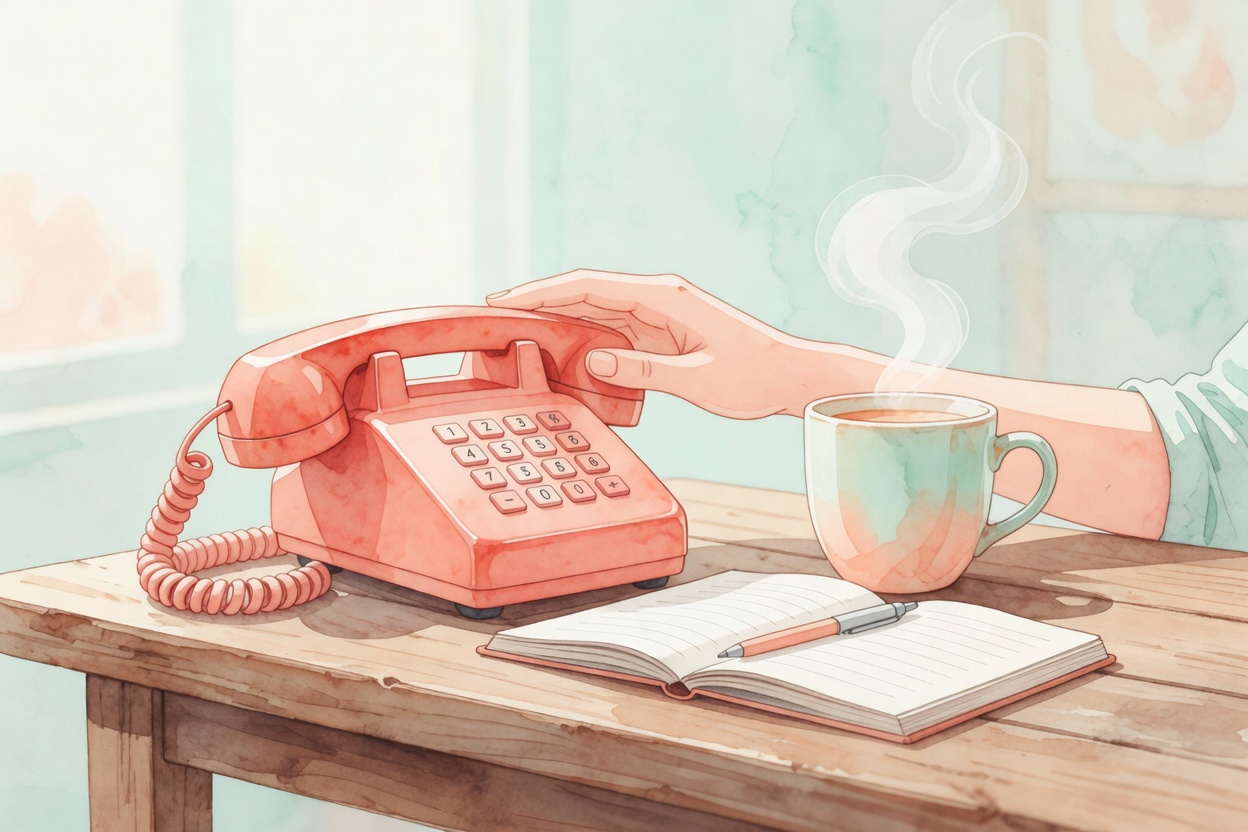 Composicion en acuarela sobria: mano sobre un telefono en una mesa de madera, taza humeante, libreta abierta, atmosfera de decision calmada, paleta coral peach, menta suave, durazno calido.