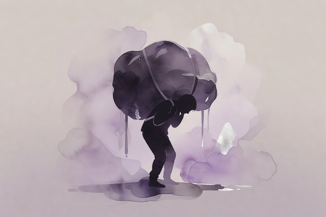 Composicion en acuarela sobria: silueta cargando un bulto pesado representando el duelo no elaborado, atmosfera de estancamiento emocional, paleta violeta oscuro, lavanda palida, plata melancolica.