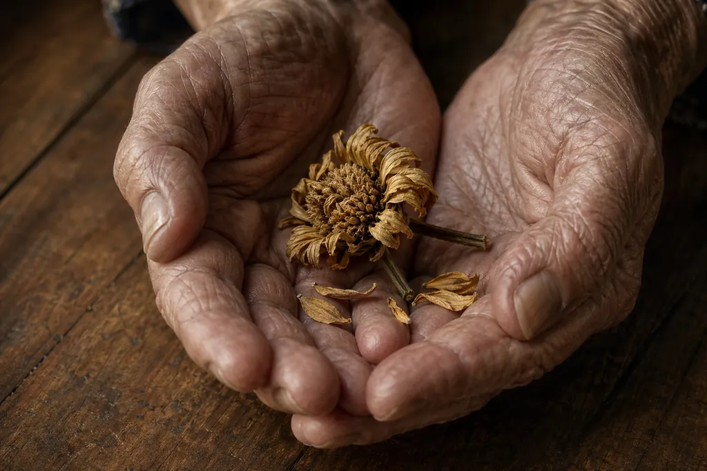 Hands gently holding a wilted flower