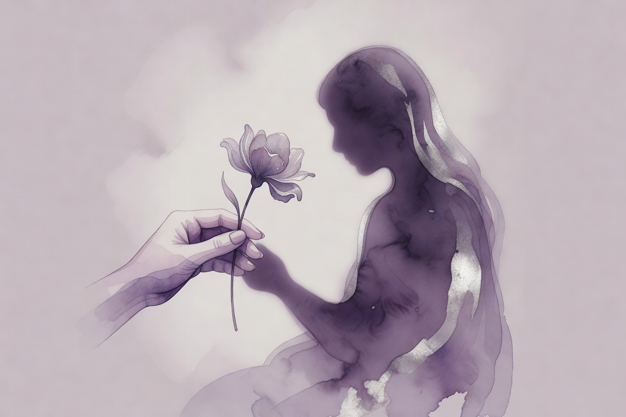 Composicion en acuarela sobria: una mano ofreciendo una flor a una sombra, atmosfera de pedir perdon al difunto, paleta violeta oscuro, lavanda palida, plata melancolica.