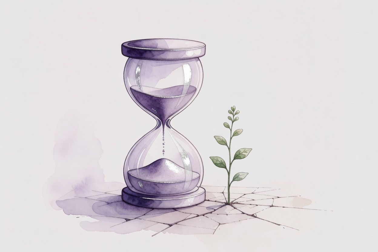 Composicion en acuarela sobria: reloj de arena sin prisa, una planta pequena que crece entre grietas, atmosfera de tiempo que respira, paleta violeta oscuro, lavanda palida, plata melancolica.