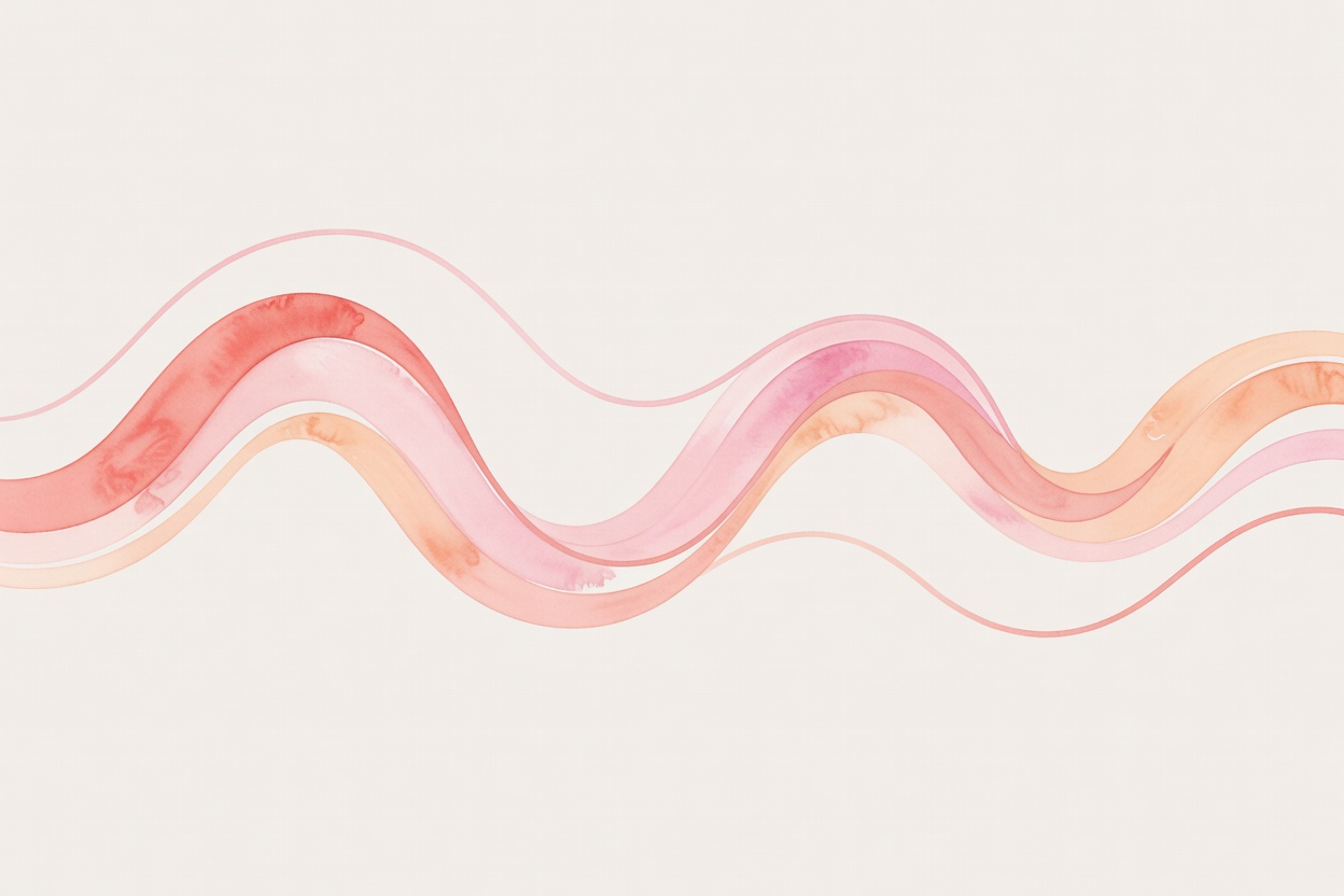 Composicion en acuarela sobria: lineas suaves que sugieren fases o curvas de oscilacion, atmosfera de fases del duelo romantico, paleta coral muted, rosa palido, durazno.