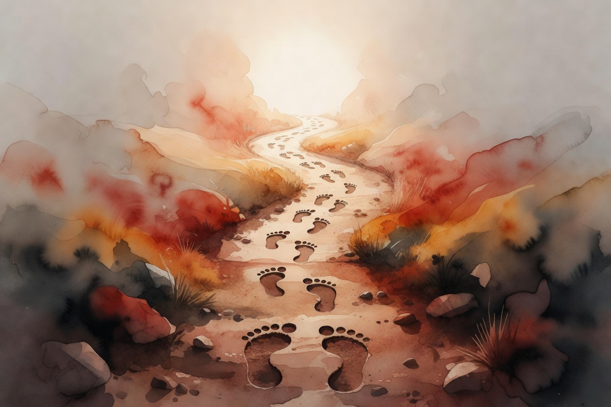 Composicion en acuarela sobria: sendero con huellas que suben hacia una luz, atmosfera de salida del tunel, paleta terracota, ocre quemado, carbon oscuro.