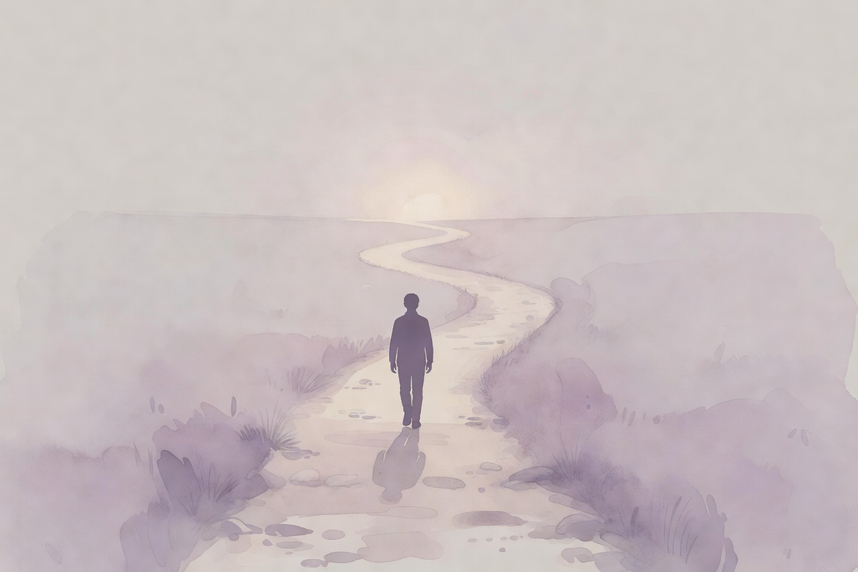 Composicion en acuarela sobria: silueta caminando por un sendero entre sombras hacia una luz al fondo, atmosfera de guia, paleta lavanda suave, malva, grisaceo palido.