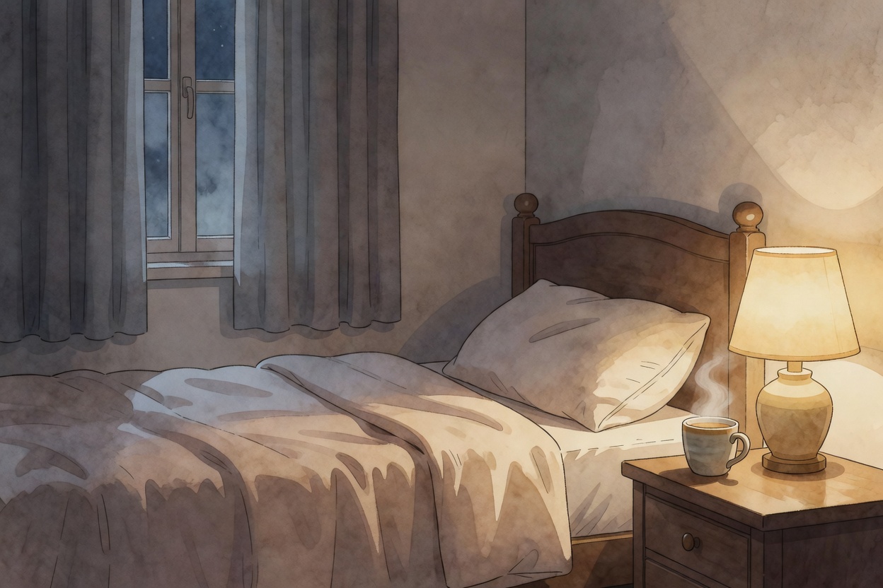 Composicion en acuarela sobria: habitacion tenue con cama tendida, lampara tibia encendida, taza humeante en mesita de noche, ventana con cortinas obscuras, paleta con tonos azul grisaceo, beige calido y mostaza suave.