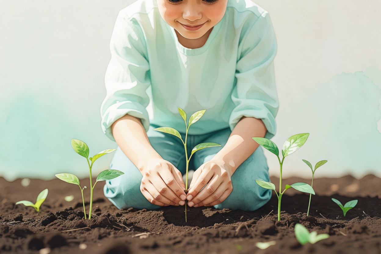 Composicion en acuarela sobria: una persona plantando una semilla pequena en tierra fresca, hojas pequenas saliendo, atmosfera de esperanza activa, paleta mint verde, cal, turquesa palido.