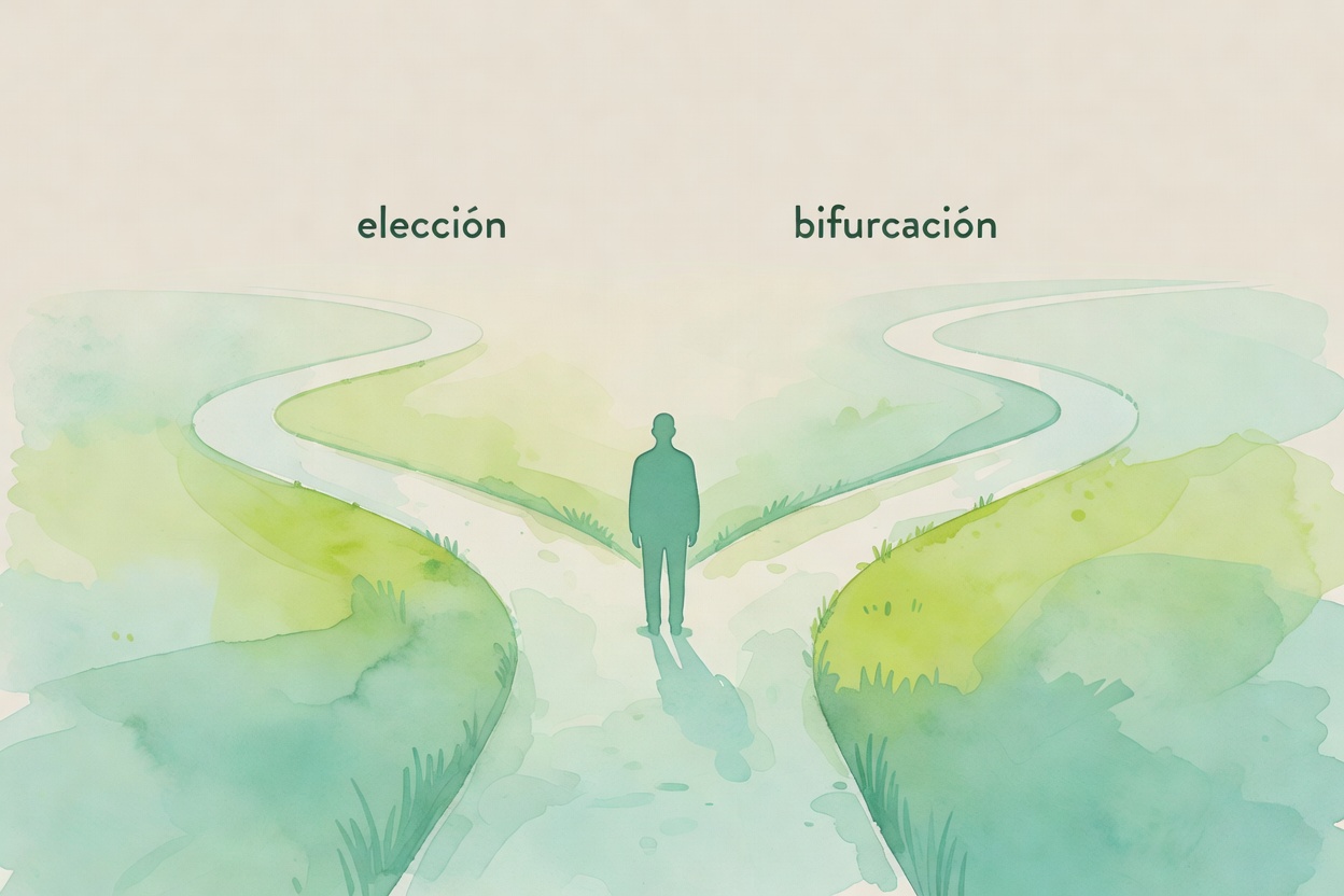 Composicion en acuarela sobria: silueta parada en una bifurcacion del camino, atmosfera de eleccion, paleta mint verde, cal, turquesa palido.